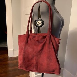 Red Hammit slouchy suede zip top tote shoulder bag with signature brass rivets